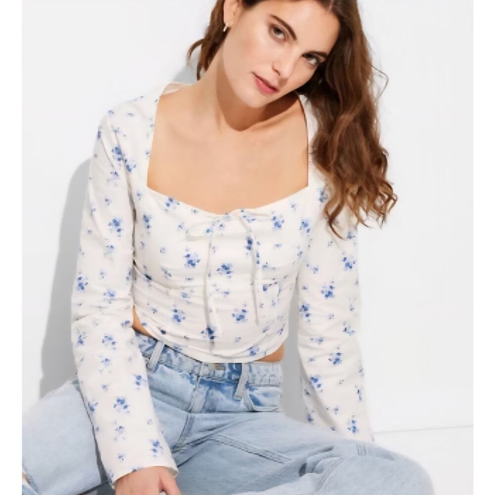 NWT XXL floral milkmaid crop peasant midi top long sleeve cottagecore coquette - Picture 2 of 10
